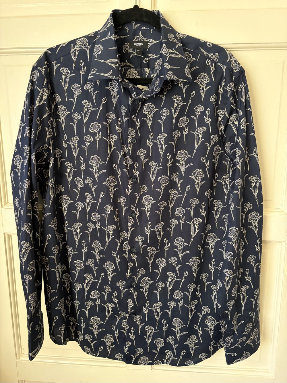 Express Navy Button-Up Shirt with White Floral Motif